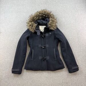 Y2K Abercrombie & Fitch Toggle Jacket Fur Hood Womens M Vintage Navy Blue Wool